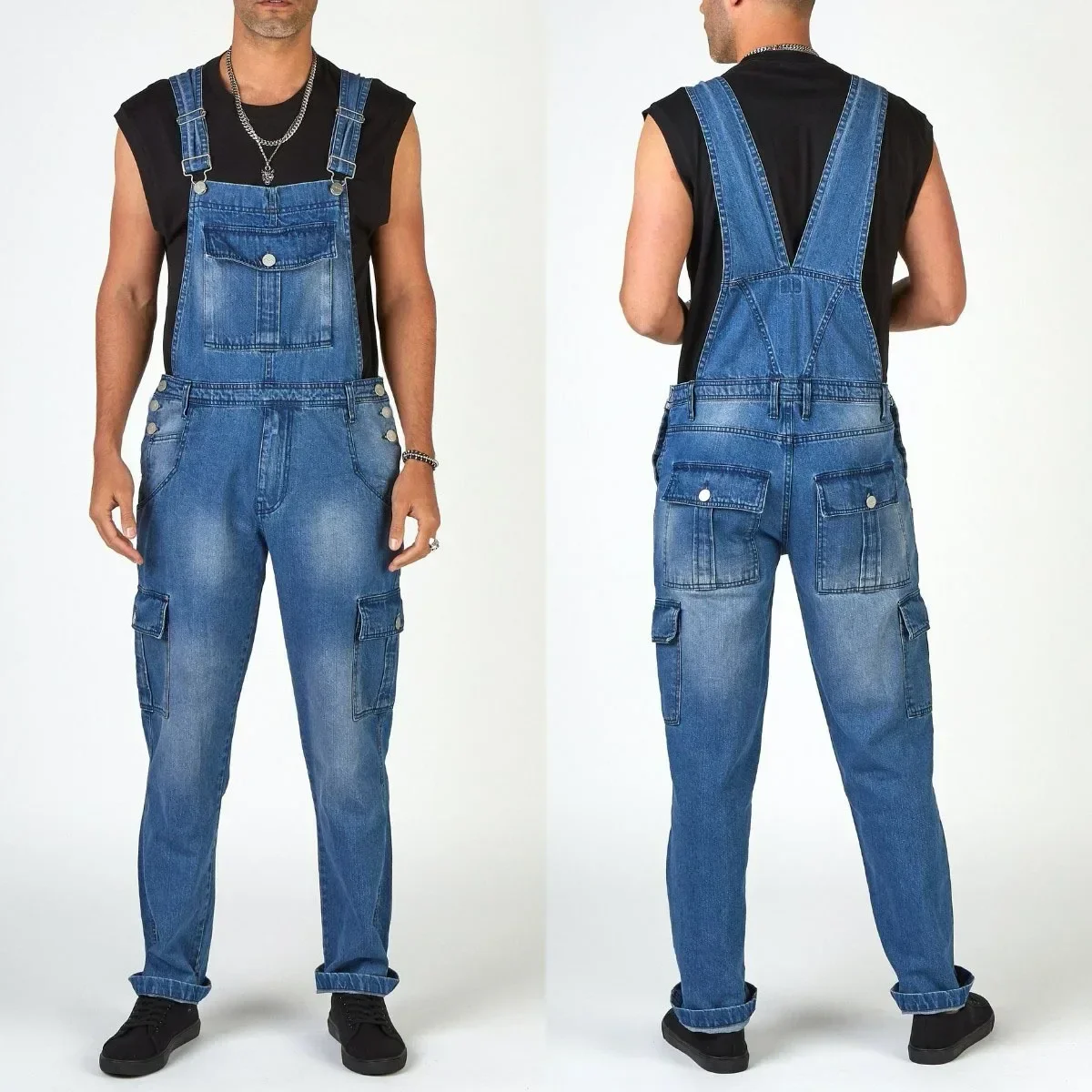 

Men Jeans Jumpsuits Denim Overalls Mid Waist Pockets One Piece Casual Straight Pants Solid Washed Ankle Length Spliced 2025