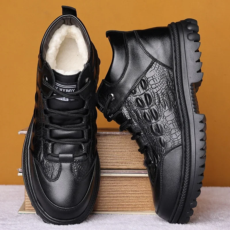 

Men Genuine Leather Crocodile Print Sneakers Men's Casual Shoes Luxury British Fashion Leather Shoes Wool Inside Warm Snow Boots