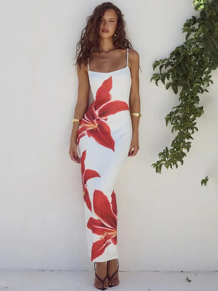 Fashionable and Sexy Women Printed Camisole Long Dress Summer French New Elegant Women's Leisure Vacation Backless Tight Dress