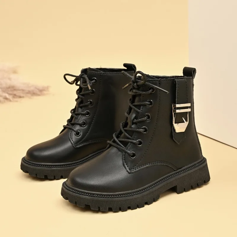 Kids' Black Leather Fashion Boots - Lace-Up Metal Buckle Decor Thick Sole Fashionable Ankle Boots for Children Botas Para Niñas