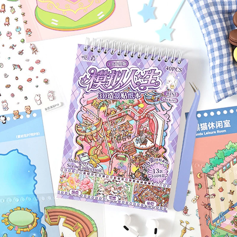 

Mr.Paper Sticker Book + Tweezers Set, 3D Miniature Scene Stackable Quiet Book, Kawaii DIY Stress Relief Sticker for Scrapbooking