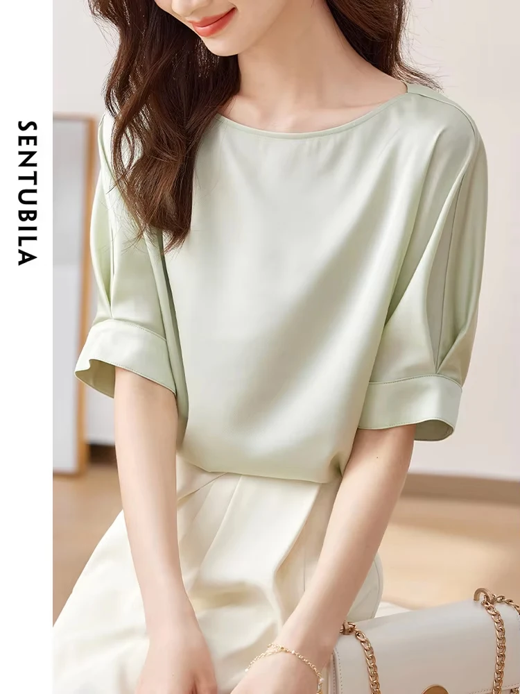 SENTUBILA Elegant Chiffon Blouses Tops Women Fashion O Neck Half Raglan Sleeves Office Lady Solid Basic Straight  Summer Shirts