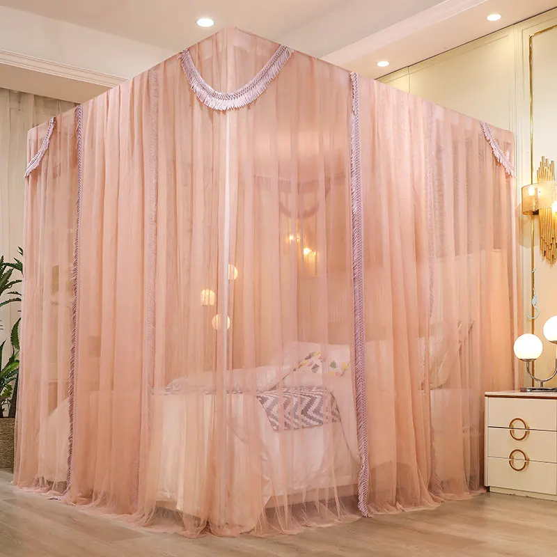 High-end fringed bed mantle mosquito net, three doors, dustproof and shaded bedroom, palace floor thickened and paint bracket