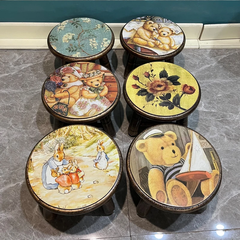 American Country Wooden Stool Cute Cartoon Children's Chair Household Round Low Stool Retro Art