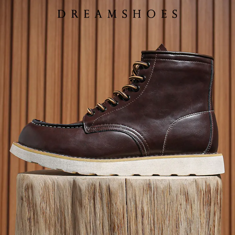 Genuine Leather Ankle Boots Crazy Horse Leather Round Toe Durable High-Top Lace-Up Boots for Fall Winter Work Shoes