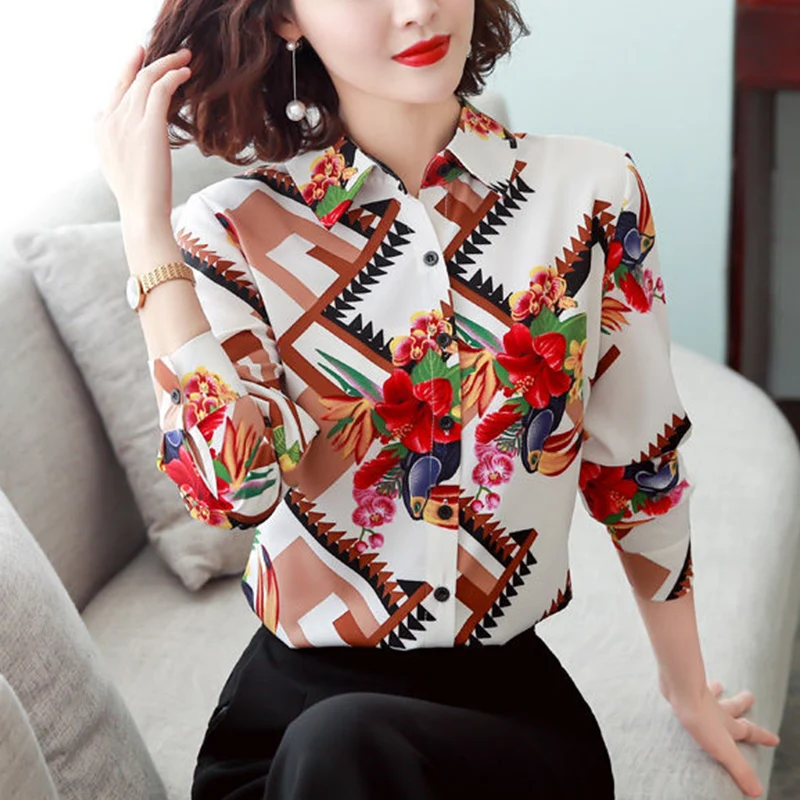 Spring Autumn Women\'s Casual Fashion Floral Printed Shirt Lady Long Sleeve All-match Buttons Top Female Polo-neck Chiffon Blouse