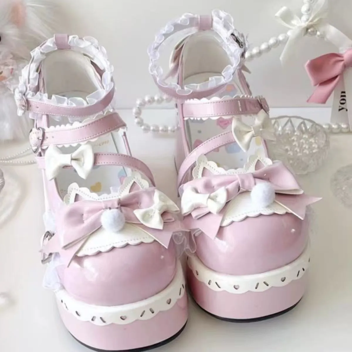 Lovely Girls Lolita Sweet Bowknots Platform Shoes Kawaii Alice Lace Flat Elevator Shoes Mary Janes