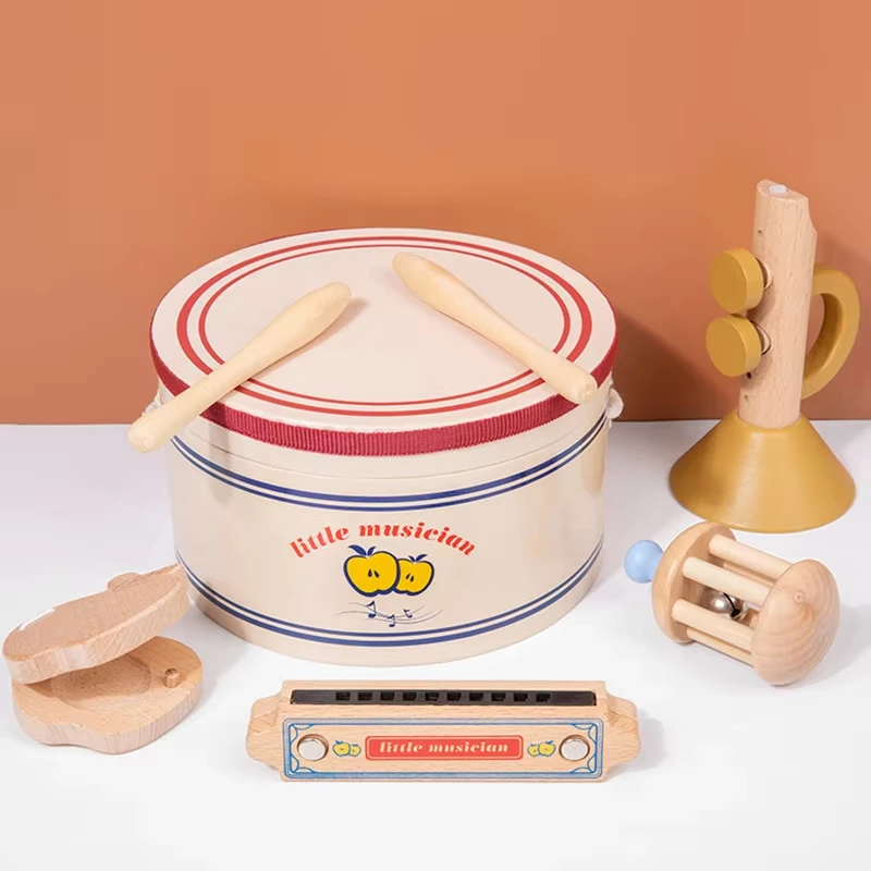 Hölzerne Früherziehung junger Musiker Orff Trommeln Mundharmonika Soundboard sensorisches Kinderinstrumentenset Puzzle Spielzeug