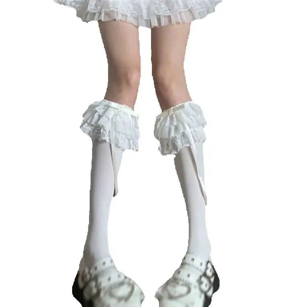1 pair Female Lolita Milky White Bowknot Lace Knee Long-tube Socks Sweet Girls Stockings Princess Dress Cosplay Accessories Gift