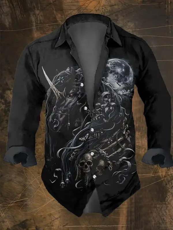 2024 Men\'s Vintage Dark Skull Print Long Sleeve Shirt - Skull Print,Regular Fit,, Lapel Collar, Polyester Blend,Halloween Party