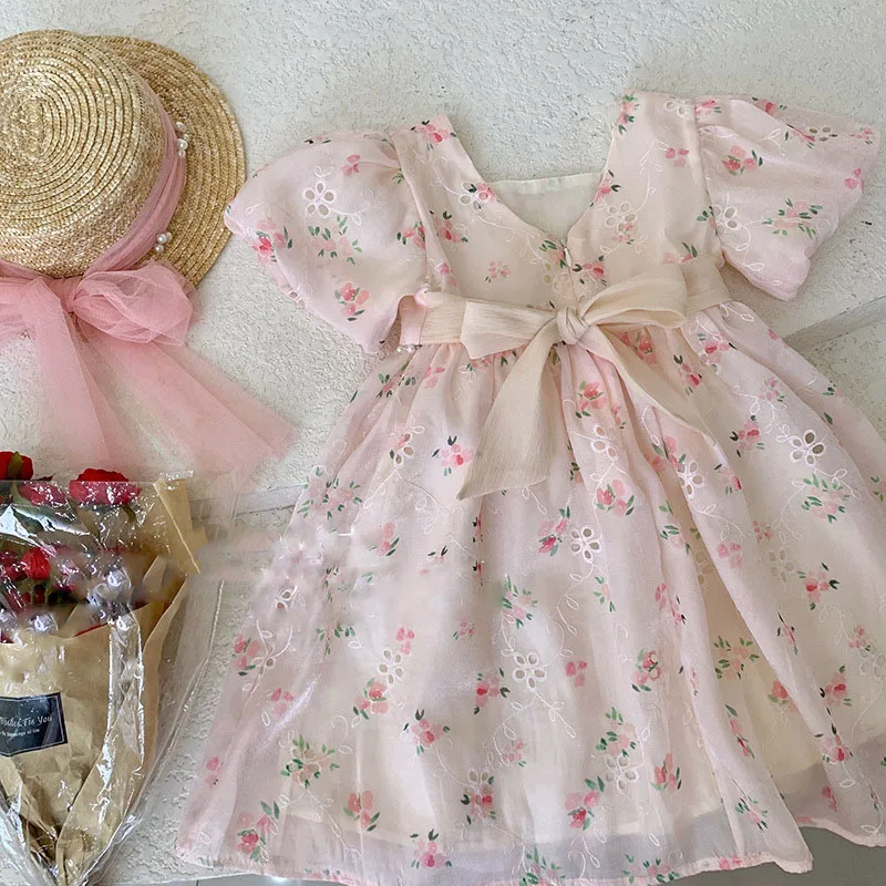 Girls dress 2022 summer new 2-8 year old girl sweet pink floral bow princess dress