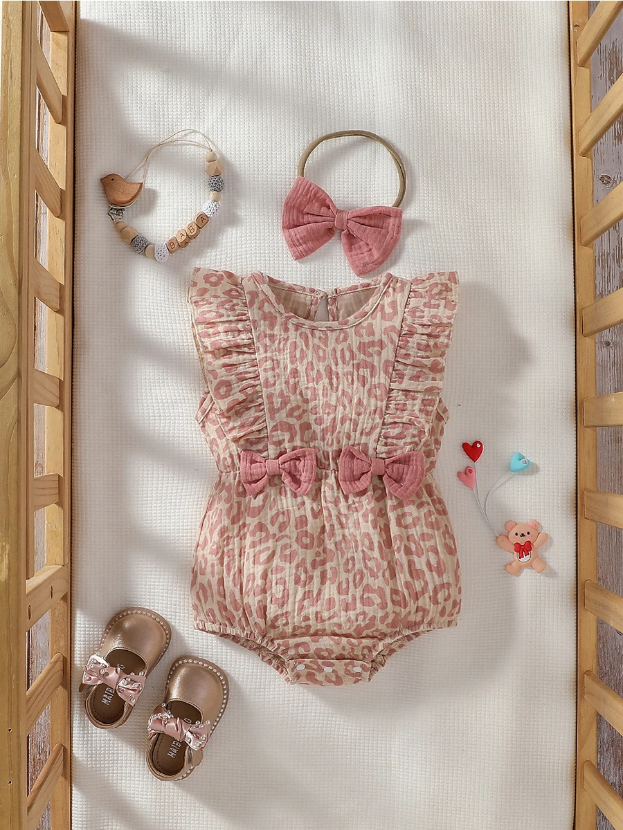 Baby Girls Sleeveless All Over Print Summer Cotton Soft Pink Jumpsuit With Bow For Preppy Style Casual +Headband