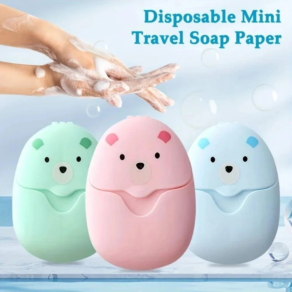 50Pcs Portable Disposable Cleaning Soap Paper Cartoon Travel Paper Soaps Cute Bear Paper Soap Tablets for Travel Soap Sheets