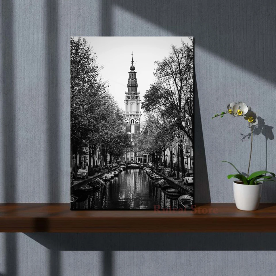 

Amsterdam Prinsengracht Canal Westerkerk Tower Poster Canvas Print Black and White Dutch City Wall Art, Europe Travel Home Decor