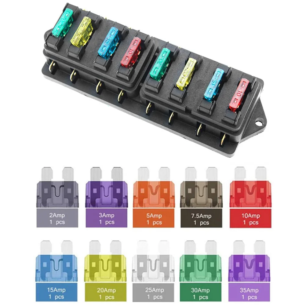

1 Set 8 Way Box Holder Auto Fuse Block Durable Transparent Cover Dustproof Waterproof 2A-35A Fuses Included For Car Headlight