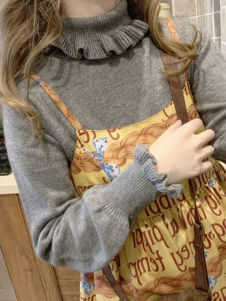 KOSAHIKI Maglione a collo alto con volant Kawaii da donna giapponese vintage morbido ragazza manica a lanterna carino maglione lavorato a maglia Lolita
