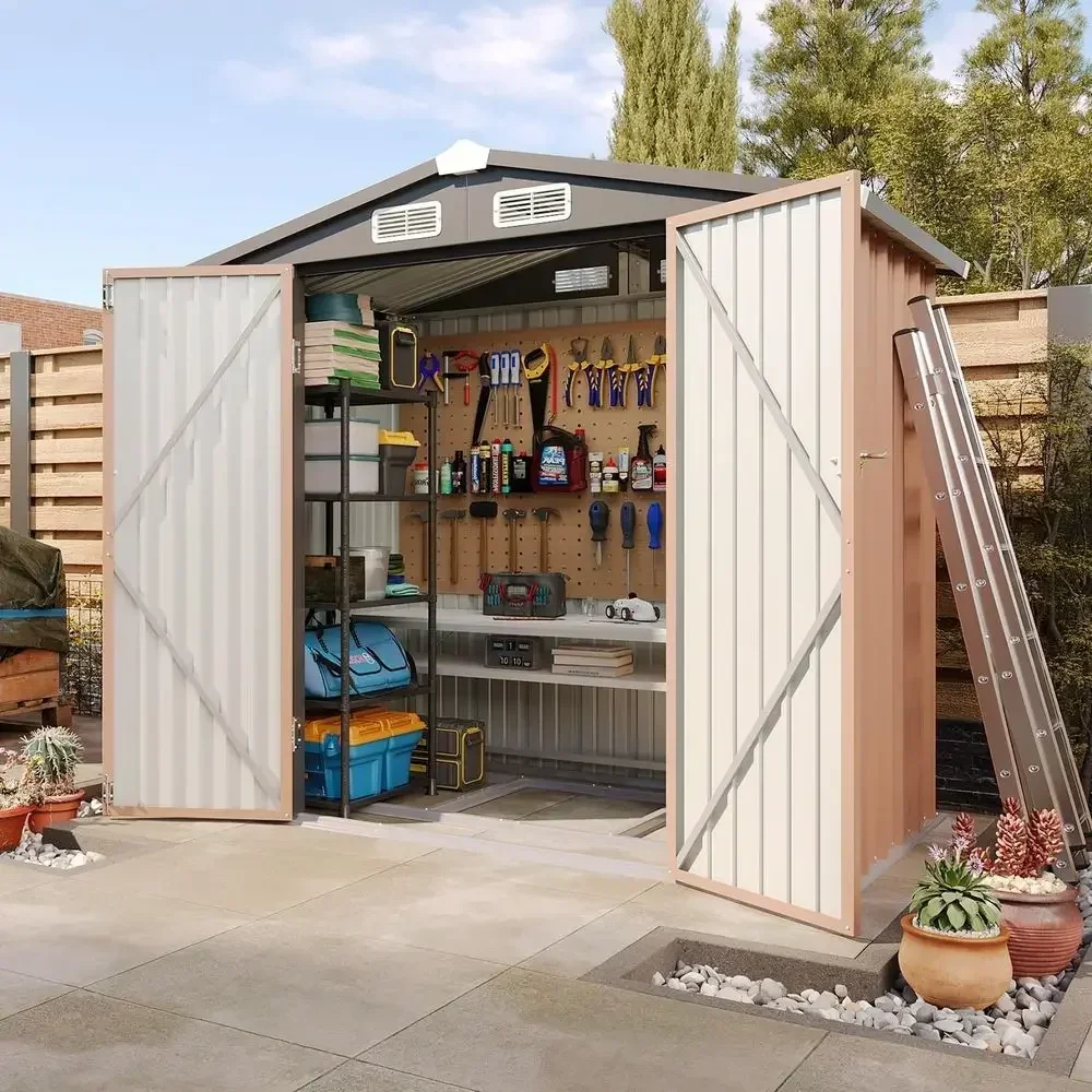 6x4ft Outdoor Metal Shed with Lockable Door - Perfect for Tools, Garden Gear & Bikes, Ideal for Patio (Base Included, Brown)