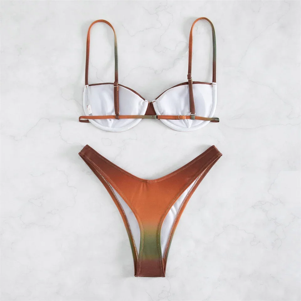 Gradient Sling Bikini Push Up Bra String Backless Swimwear Y2K Pleated Swimsuit Women Brazilian Beach Bikinis Bathing Suit