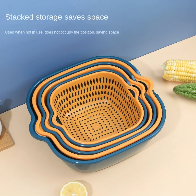 Thickened drainage basket six-piece set Double plastic washbasin Multifunctional kitchen drain basket household fruit basket