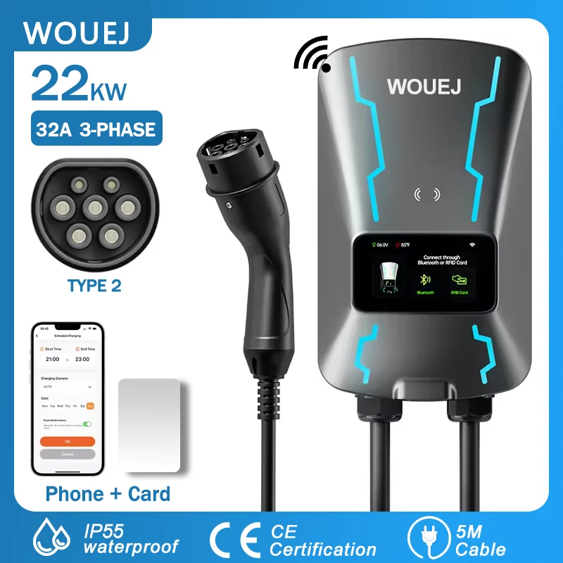 WOUEJ EV Charging Station Type 2 22KW 32A 1 Phase Electric Vehicle Car Charger Wallbox with LCD Screen APP Control RFID Card