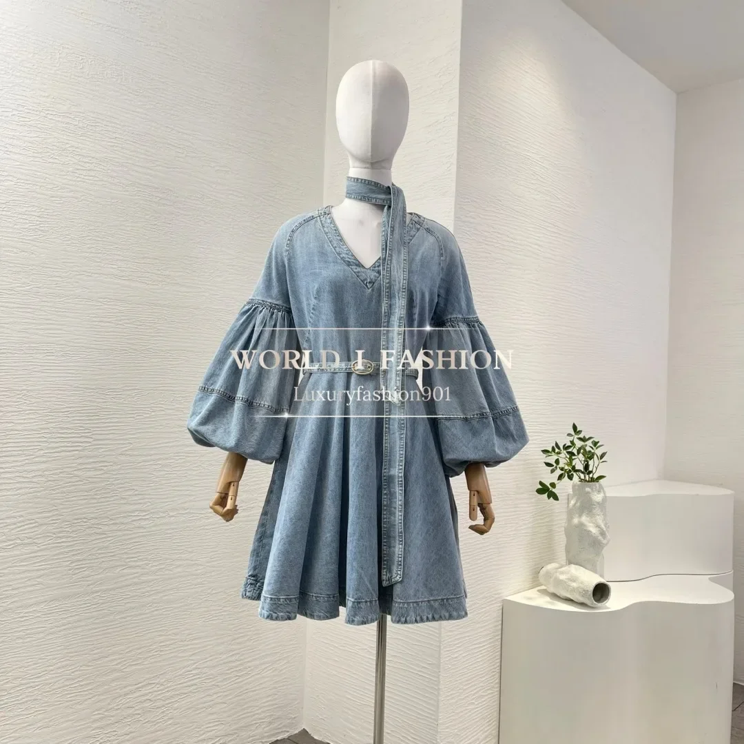 

High Quality Blue Denim Jeans Long Sleeve V Neck Pleat Mini Dress