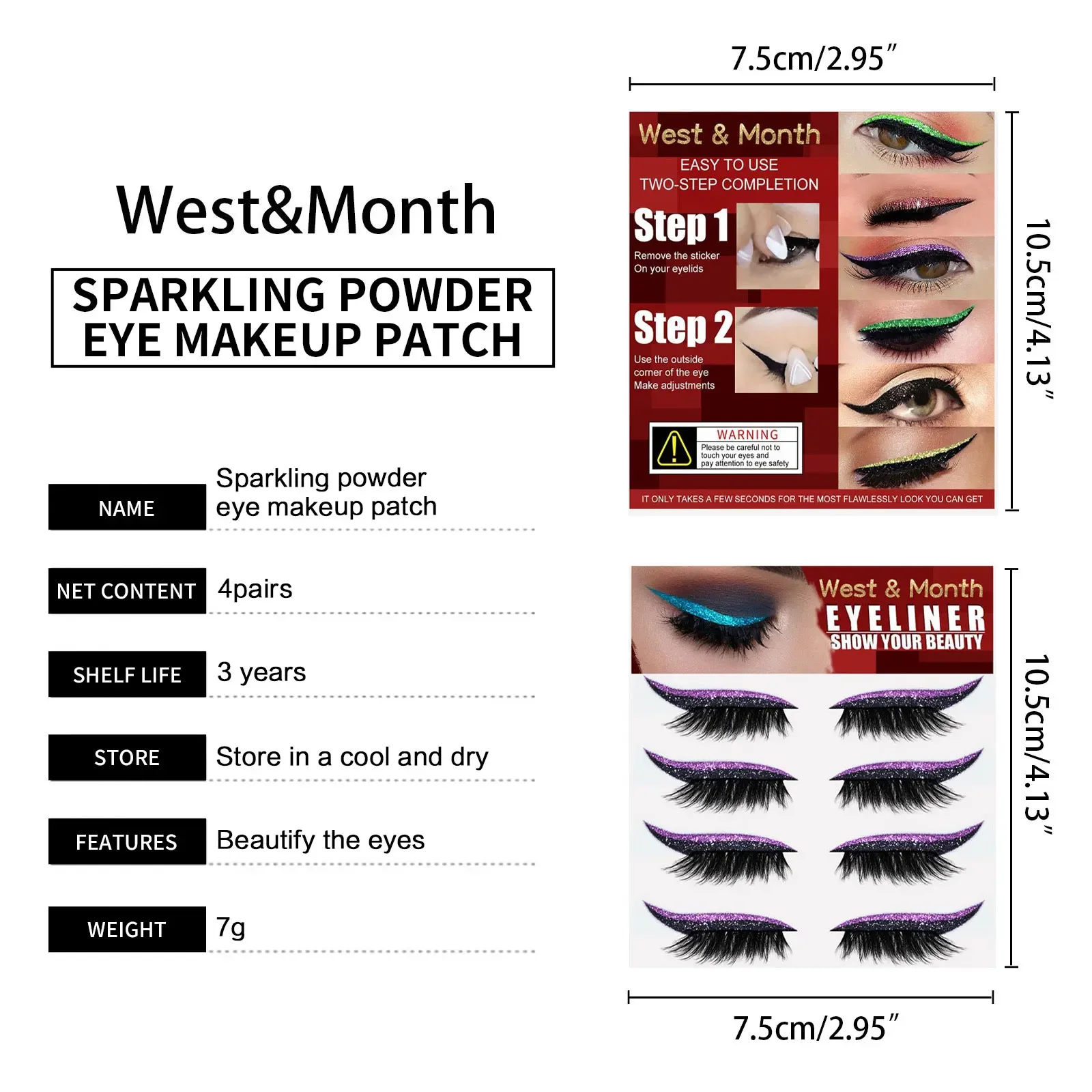 この接着剤不要のアイライナーとつけまつげステッカーセットには、蘭色、ゴールド、黒のグリッターつけまつげが4組含まれています。