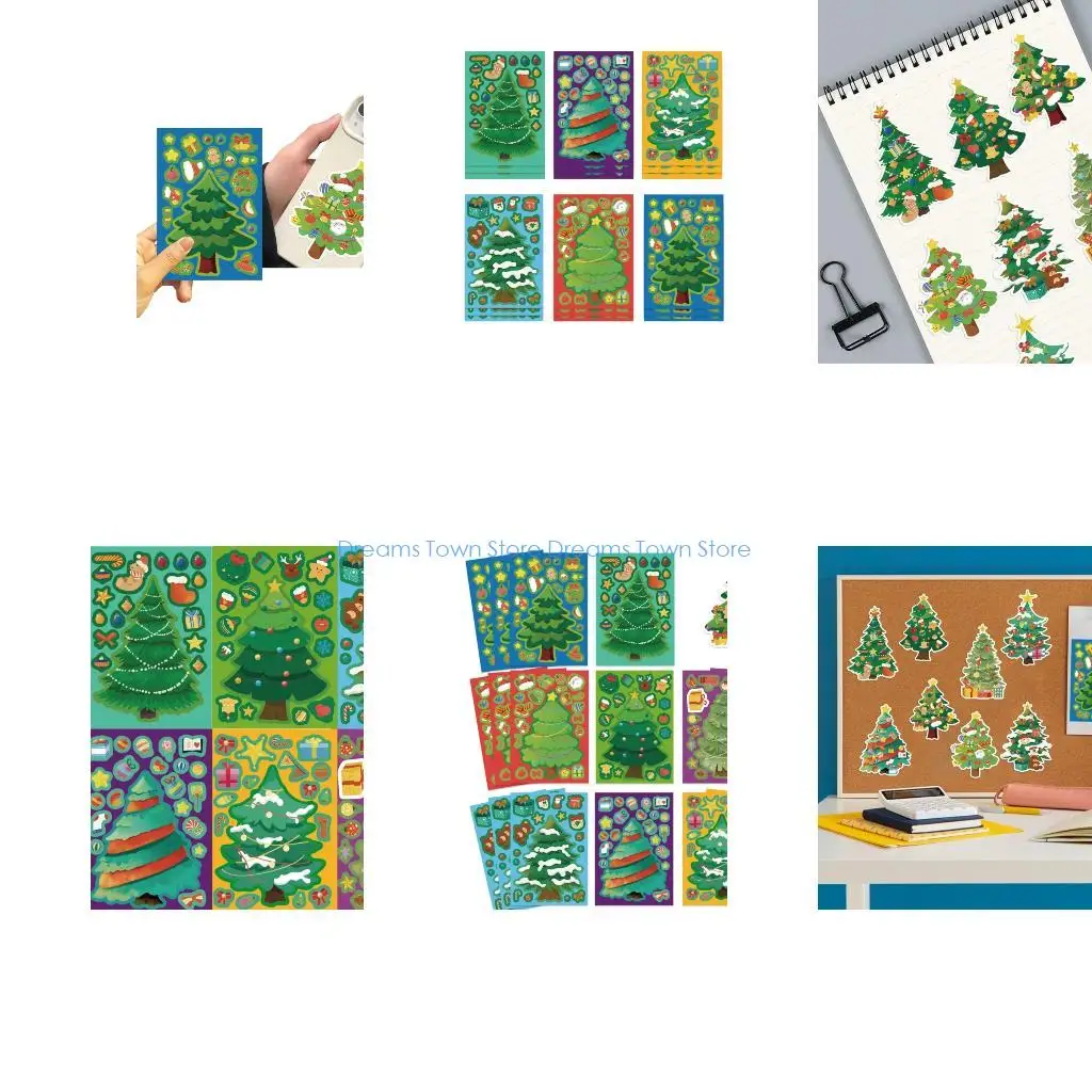 HX6A 24PCs Festive Christmas Tree Puzzle Stickers Reusable PVC Tablets Skin Decals For Kids And Adults