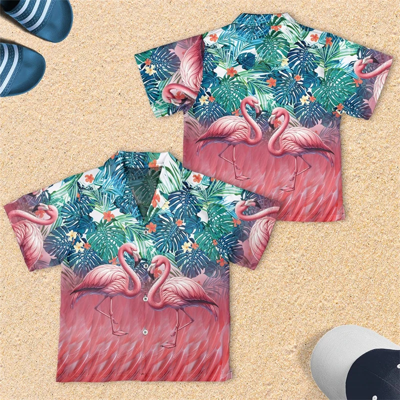 

Flamingo Boys Shirts For Men Clothes Hawaii Animal Bird Graphic Beach Shirt Casual Women Lapel Blouse Boy Short Sleeve Male Tops