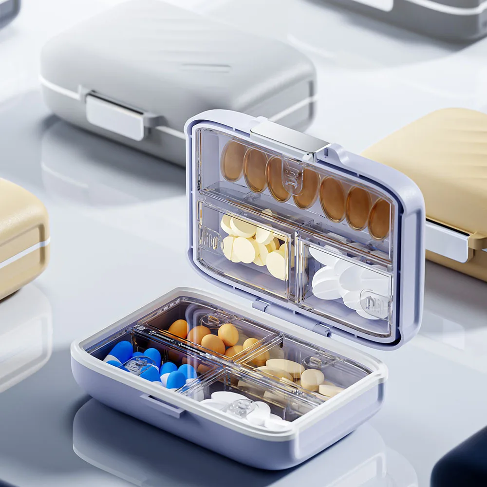 صندوق حبوب منع الحمل مختوم مزدوج الطبقات، صندوق تخزين حبوب صغير محمول، علبة حبوب السفر، حاوية الطب اليومي