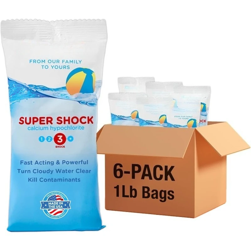 Amortiguador súper piscina | Choque de cloro de grado profesional, disolución rápida, choque de piscina granular Cal-Hypo de 68% de acción rápida | 6 x 1 lb B