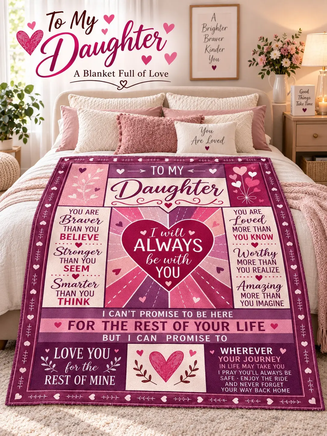 Daughter Flannel Blankets & Throws Heart Love Quotes Gift From Mom for Birthday Christmas Thanksgiving Halloween Anniversary Holiday Bed Sofa Couch Nap Reading Travel Living Room Bedroom Home Decor Family Graduation Party Office Dorm Camping Picnic