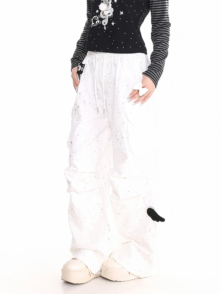 REDDACHiC Pleat Wide Leg Cargo Pants Women Cutecore Angel Wings Sparkle Low Waist Elastic Waist Parachute Pants Lounge Bottoms