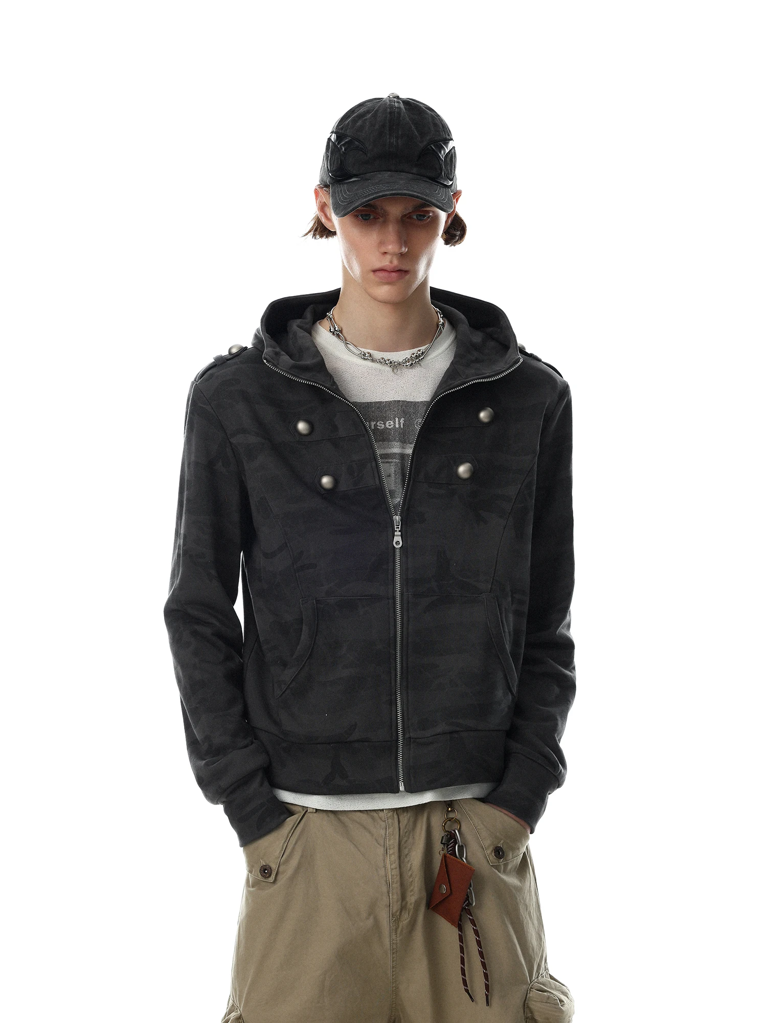 MRNEARLY American Retro Camouflage Hoodie Unisex Loose Street Short Trendy Outerwear Zipper Design Cotton Polyester Blend