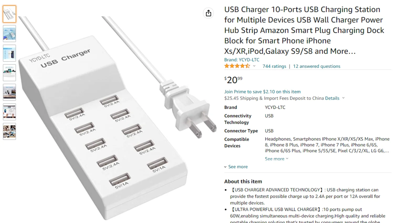 USB Charger 10-Port USB Charging Station for Multi Devices 50W USB Hub Adapter for iPhone Samsung Xiaomi Huawei Extension Socket