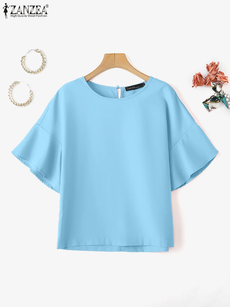 

Women Fashion Tops ZANZEA 2025 Summer Blouses Short Sleeve Ruffles Streetwear Solid Color Tee Work Blusas Oversize O Neck Tunic