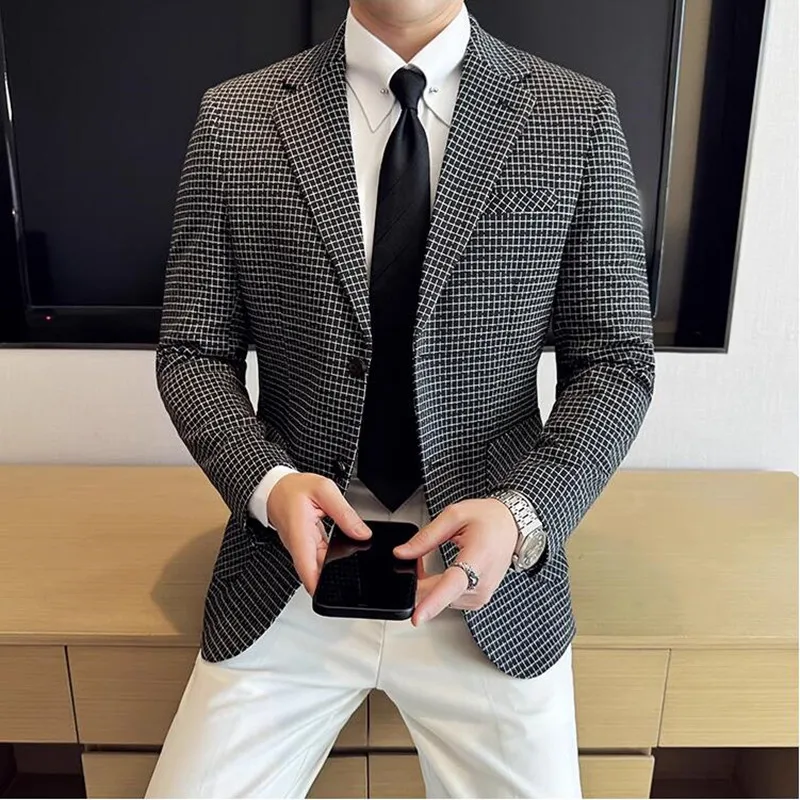 Britse Stijl Geruite Jasje Voor Mannen 2023 Nieuwe Business Casual Slanke Blazer Formele Bruiloft Pak Jurk Jassen Mannen Kleding