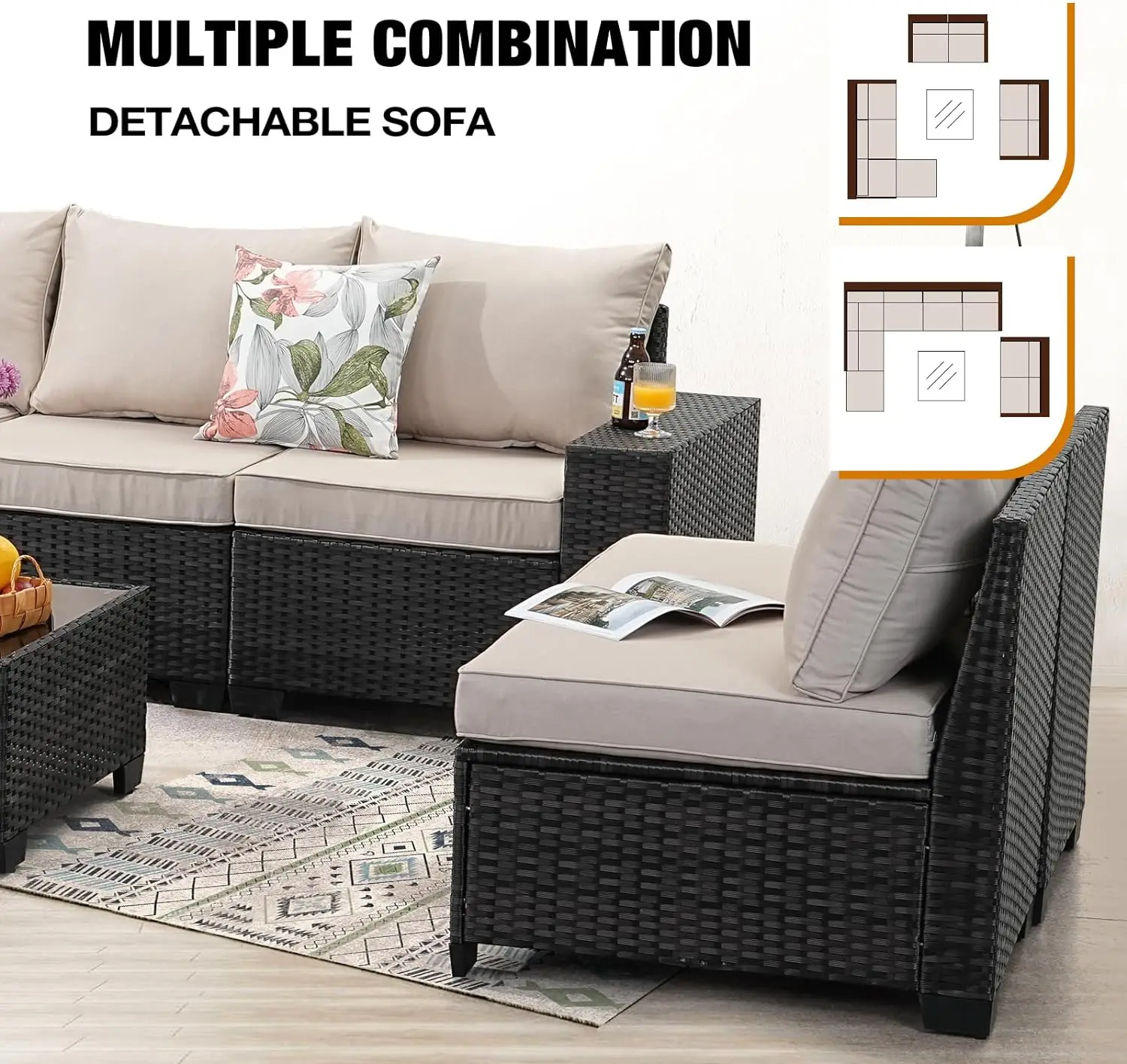9Pcs Patio Set All-Weather Wicker Sectional Conversation Sofa Rattan Patio Seating Sofa with Cushion and Glass Table and Ottoman