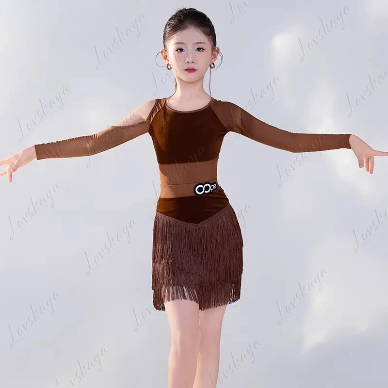 

Темно-коричневый костюм для латиноамериканских танцев с бахромой, детский тренировочный костюм, женская одежда для тренировок, новый стиль