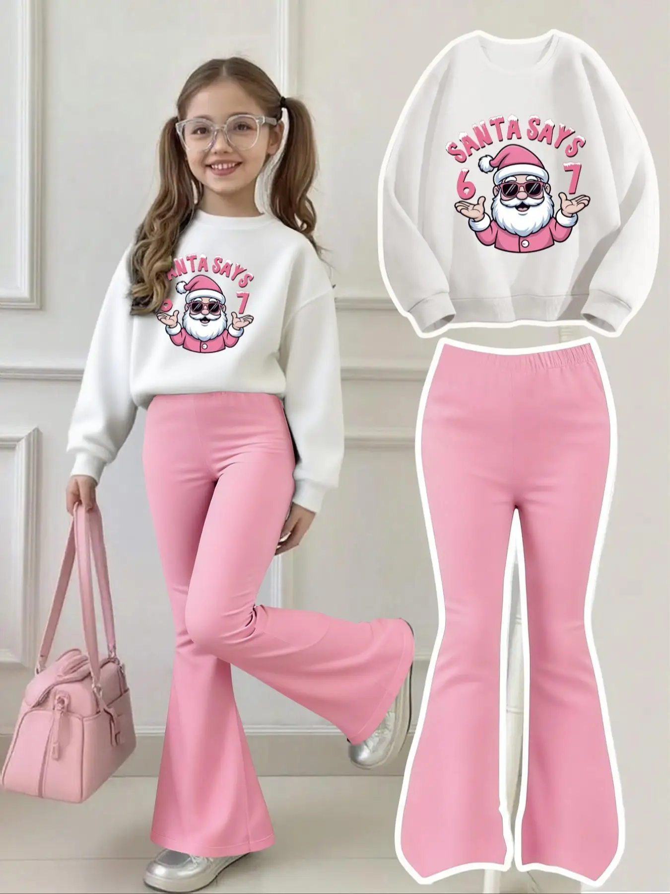 Trendiges weißes Sweatshirt mit der Nummer 67 für Mädchen im Alter von 4–12 Jahren, Set mit rosa Schlaghose, Sweatshirt mit personalisiertem Aufdruck „67 Six Seven“, Weihnachtsoutfit mit