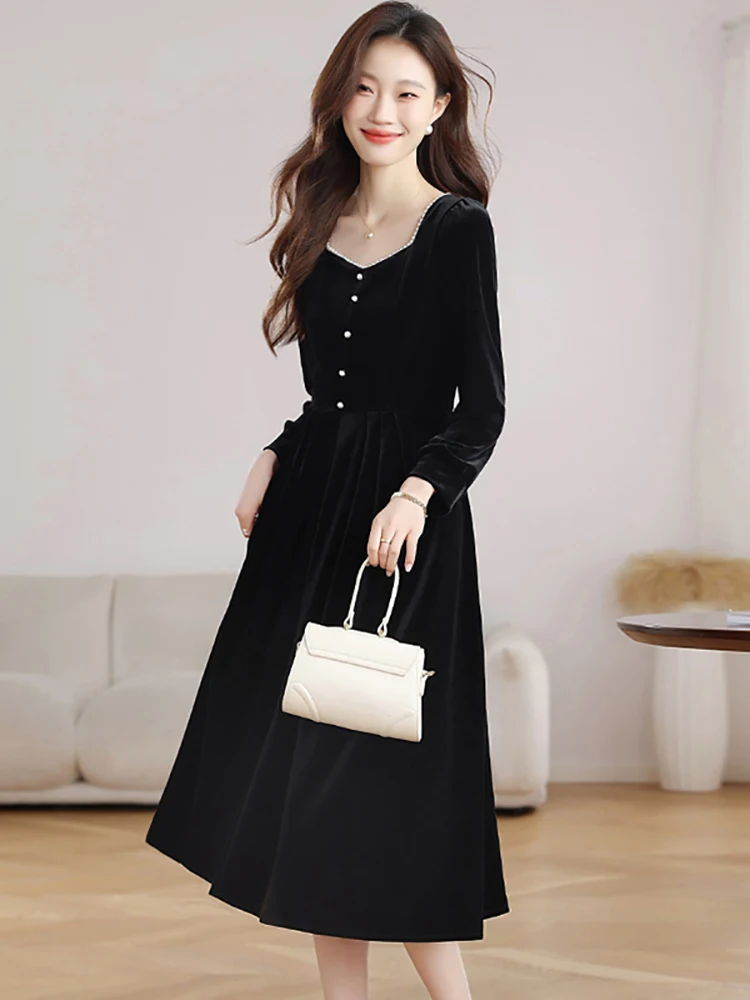 

Осень-зима, черное бархатное длинное платье с квадратным воротником и бисером, женское элегантное роскошное вечернее платье 2021, корейское винтажное платье Хепберн