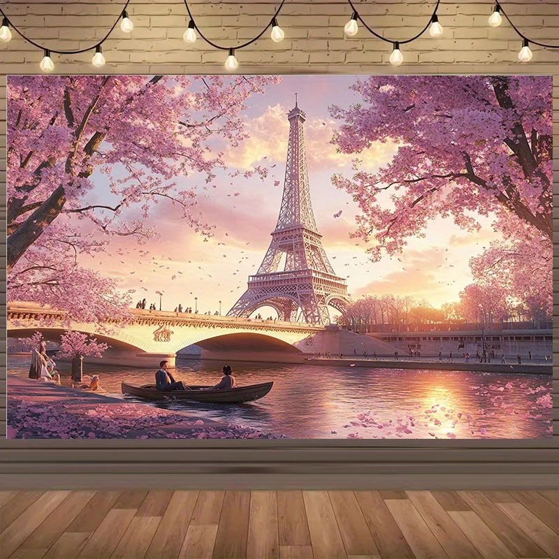 Paris Eiffel Tower Cherry Blossom Tapestry Romantic Cityscape Wall Hanging Art Decor Free Hooks Included Elevate Your Space