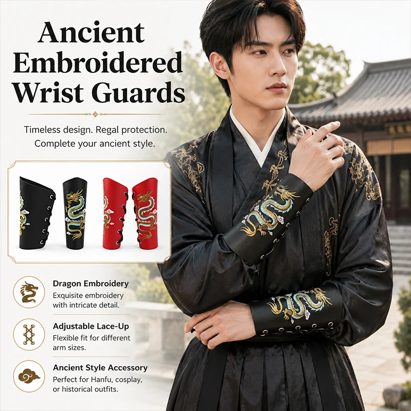 Pu Vintage Embroidered Wrist Cuffs Chinese Style Hanfu Cosplay Costume Decor Accessory Bracer Ethnic Dance Protective Wristband