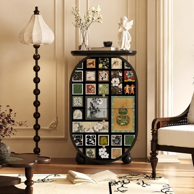 Solid Wood Retro Entrance Cabinet 4 Drawer Chest Storage Sideboard with Trays for Home Entryway Hallway Organization
