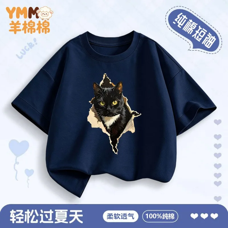 Boys and Girls Short Sleeves Summer Cotton Handsome and Fashionable Children's Summer Clothing Cat Pattern Parent Child Clothing