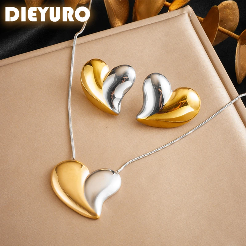 DIEYURO 316L Stainless Steel Simplicity Golden Heart Necklace Earrings Womens Girl 2024 New LoveFashion Jewelry Set Party Gifts