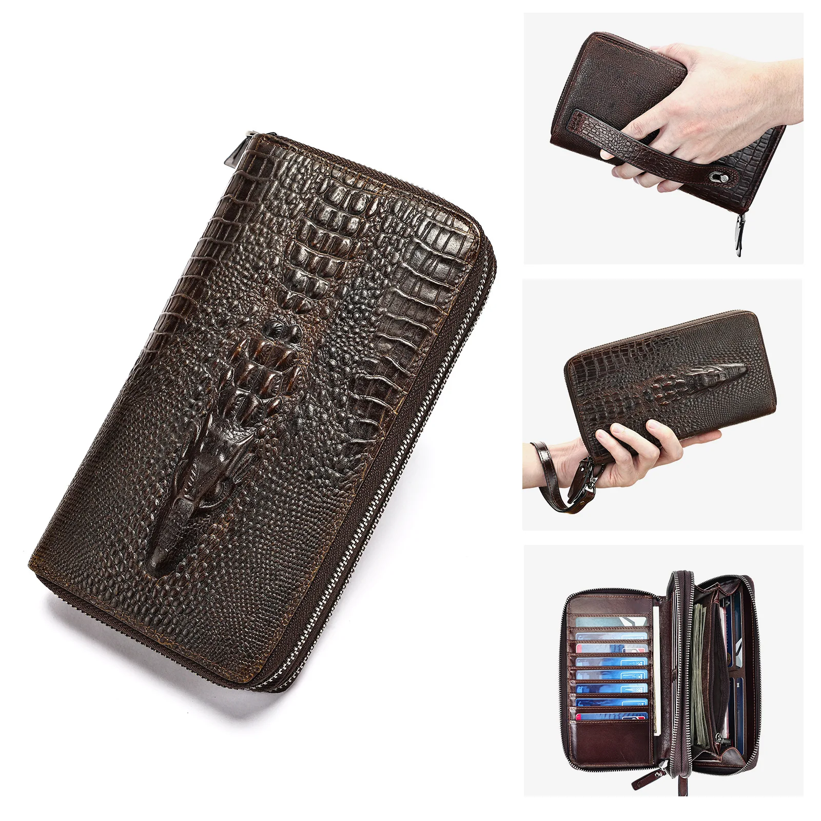 

Premium Genuine Leather Men's Clutch Wallet - All-in-One Long Bifold Design with Multi-Card Slots & Crocodile Embossed Pattern