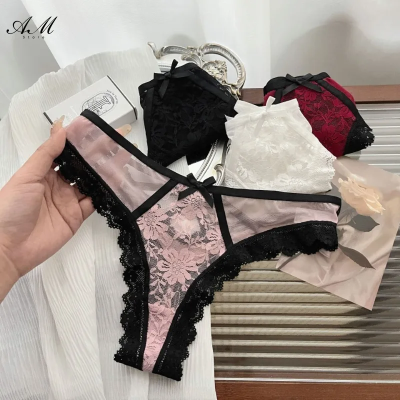 European Luxury Lace Sexy Women Underwear Transparent Bow Hollow Out Panties Sex Thong Low Waist Seamless Briefs Tanga