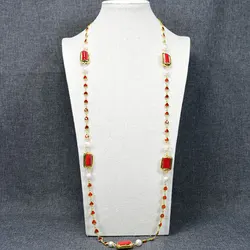 GuaiGuai Jewelry Natural Fashion White Pearl Red Coral Gold Plated Crystal Station Long Necklace 39