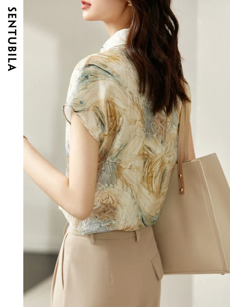 SENTUBILA Summer Shirts For Women 2025 Fashion Chinese Brush Painting Roglan Sleeves Stand Collar Elegant Blouses & Shirts