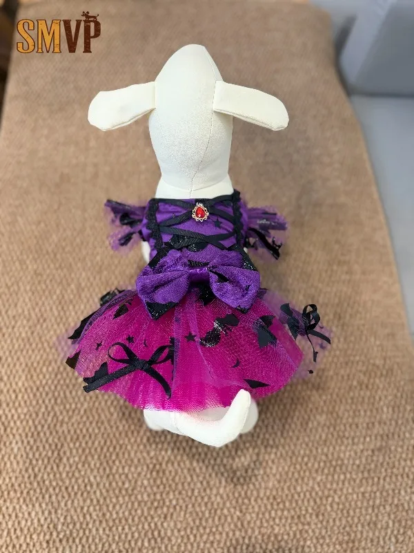 Halloween Pet Witch Tutu Dress Gothic Style Puppy Cat Princess Dress Purple Lace Bow Cosplay Outfit for Small Dog Party Costume